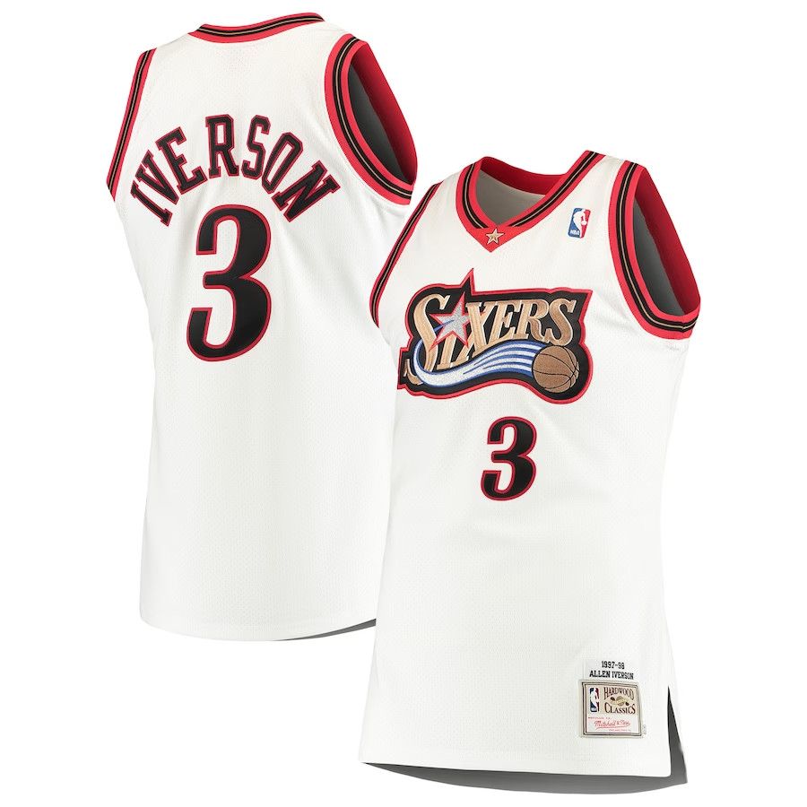 Philadelphia 76ers 1997-1998 Allen Iverson Mitchell & Ness White Jersey Hardwood Classics Mens (IVERSON #3)
